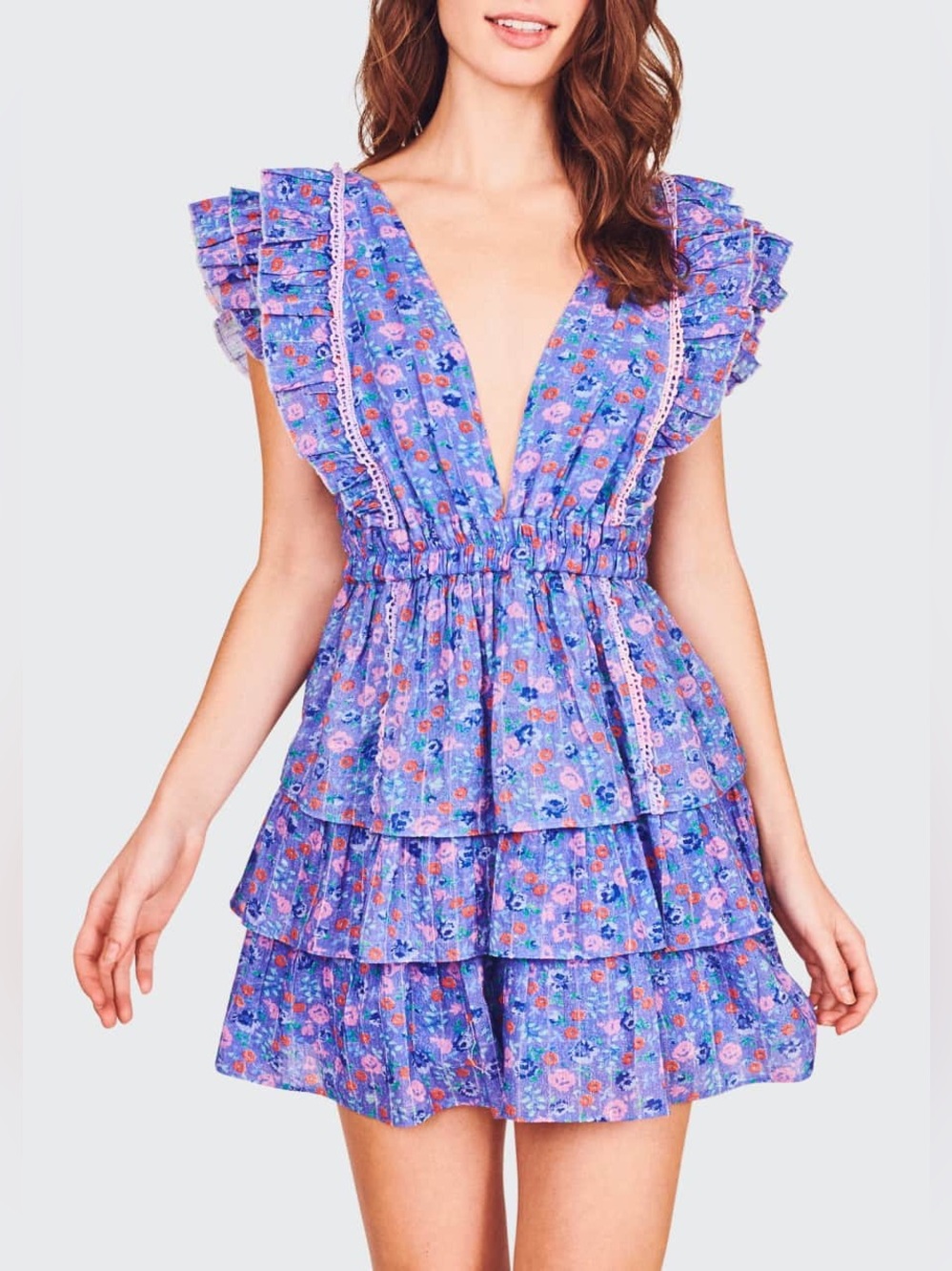 LOVESHACKFANCY Bennet Tiered Floral Mini Dress in Summer Blues - Size L